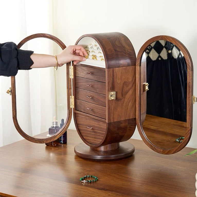 Isabel solid walnut jewelry cabinet with built-in vanity mirror