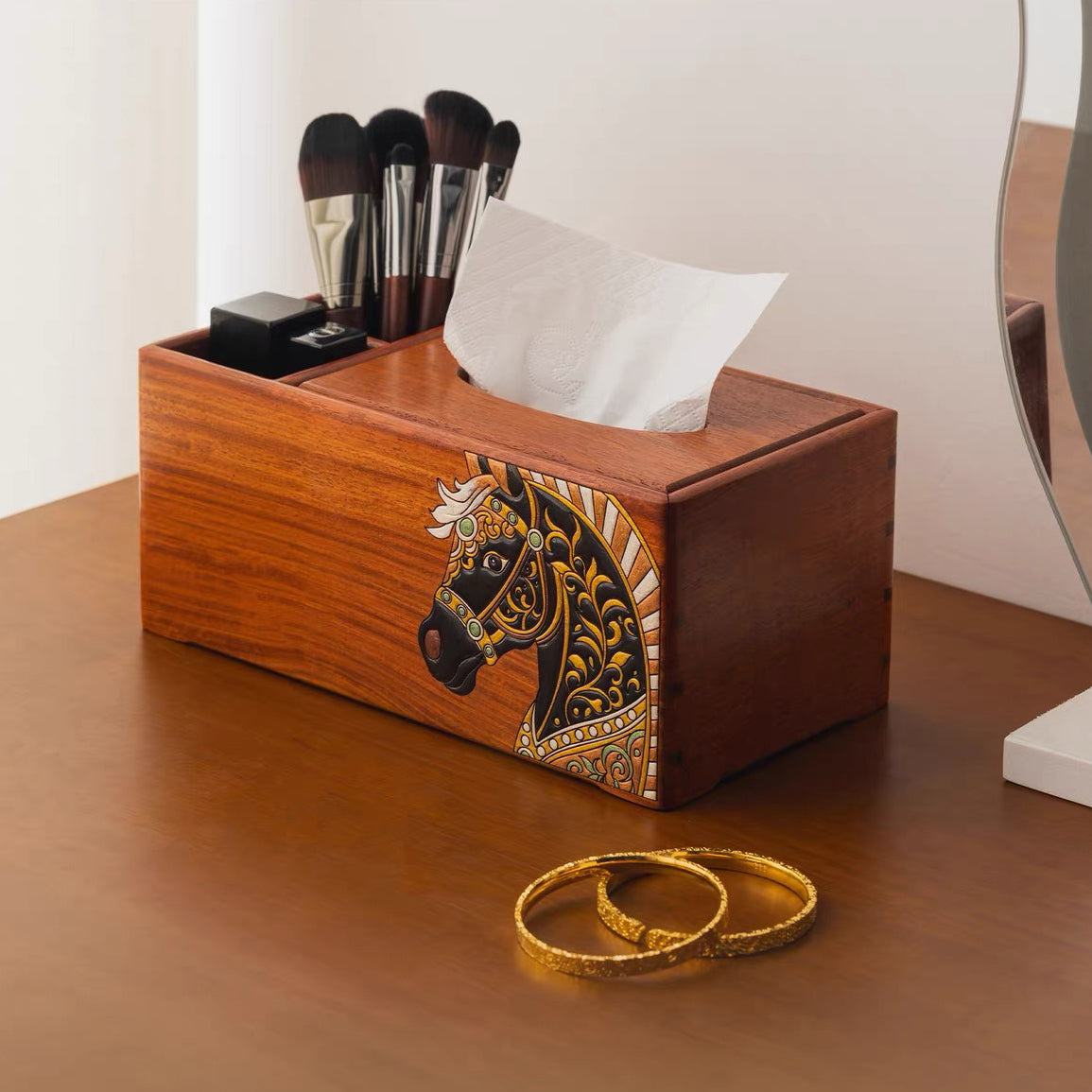 Philippa Hand-Painted Rosewood Tissue Box & Vanity Organizer