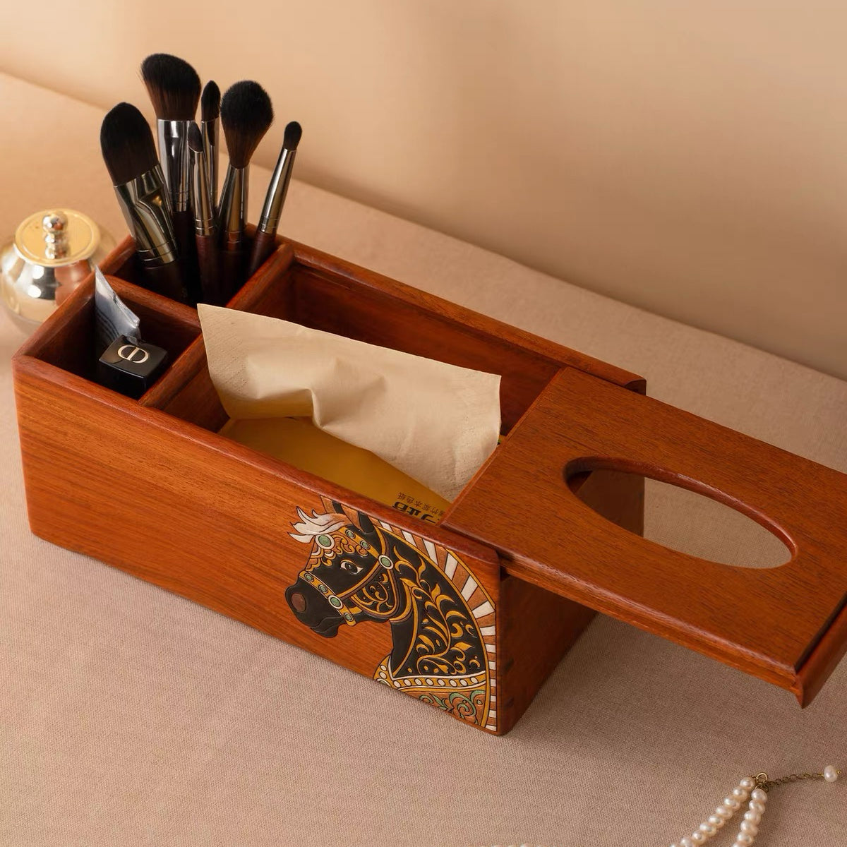 Philippa Hand-Painted Rosewood Tissue Box & Vanity Organizer