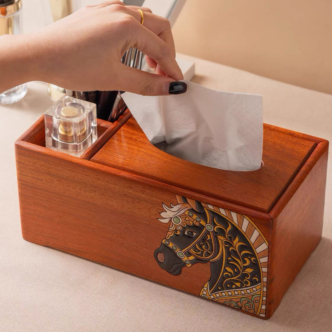 Philippa Hand-Painted Rosewood Tissue Box & Vanity Organizer