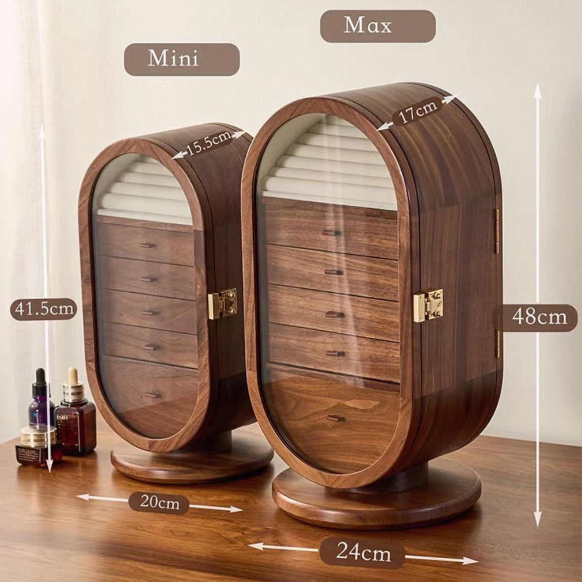 Isabel Rotating Walnut Vanity Jewelry Cabinet With Mirror