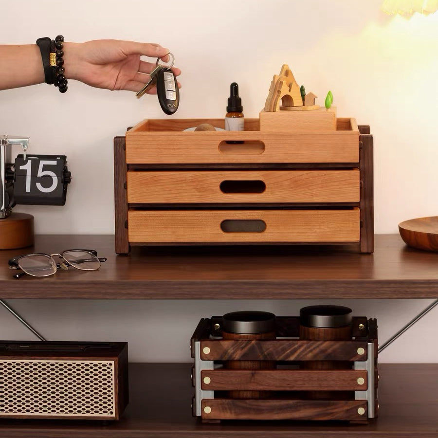 Soraya Cherry Wood Desk Organizer With Three-Tier Drawers