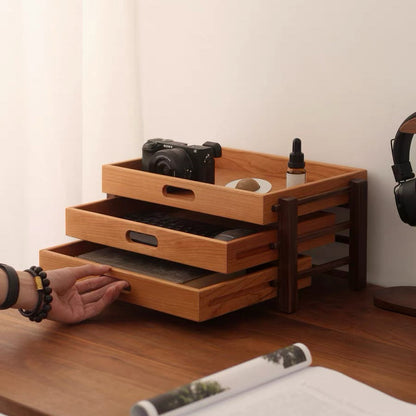 Soraya Cherry Wood Desk Organizer With Three-Tier Drawers