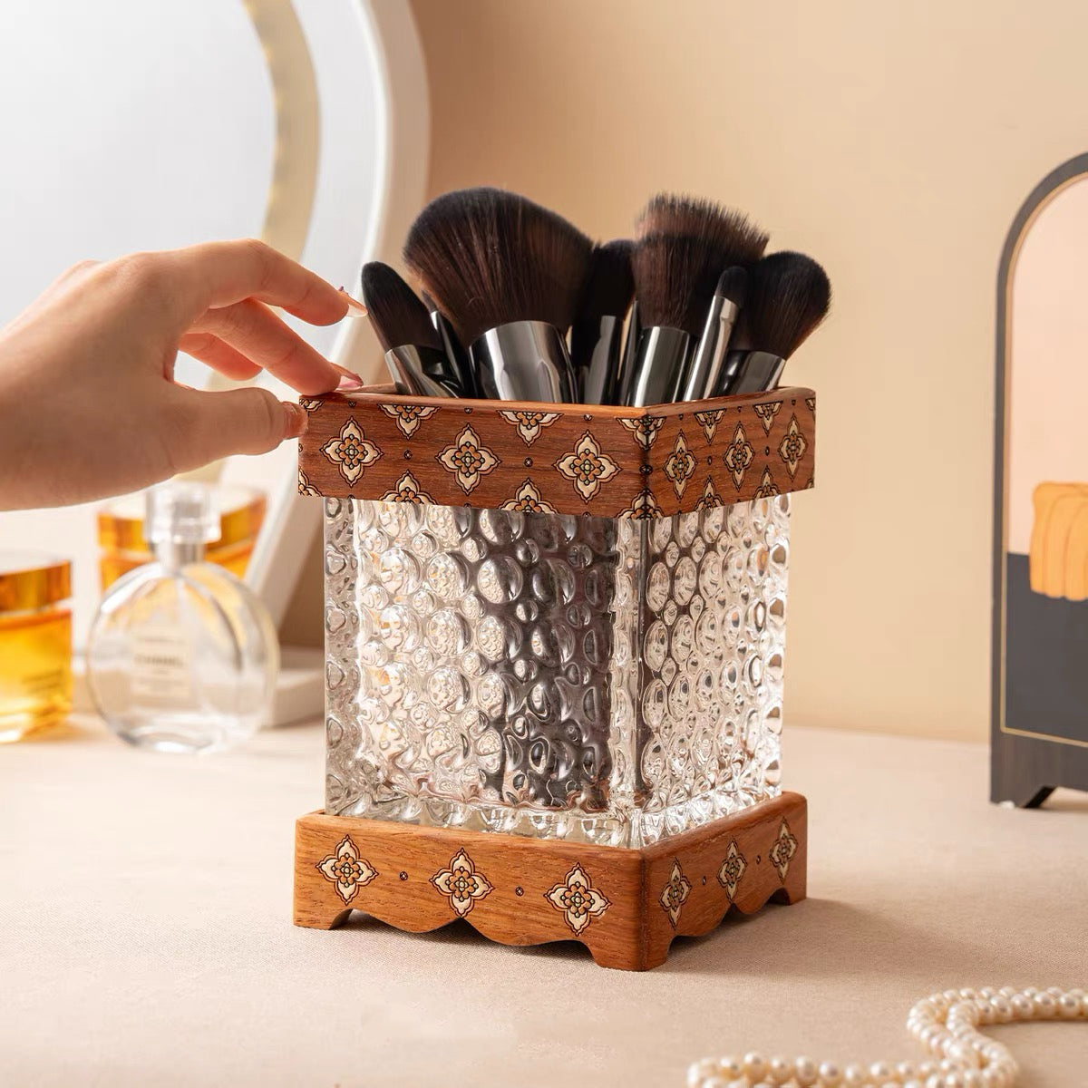 Oaklyn Rosewood Glass Makeup Brush Organizer