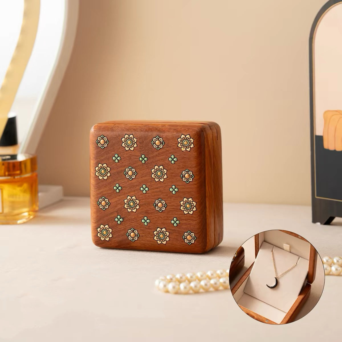 Celina Floral-Inlay Rosewood Jewelry Box