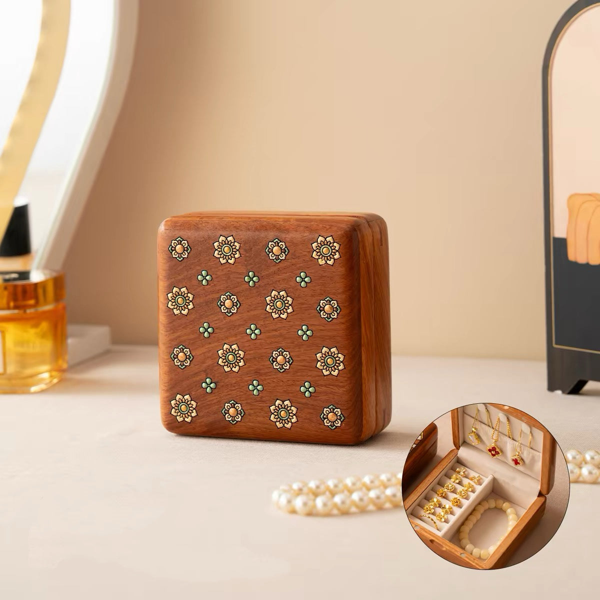 Celina Floral-Inlay Rosewood Jewelry Box