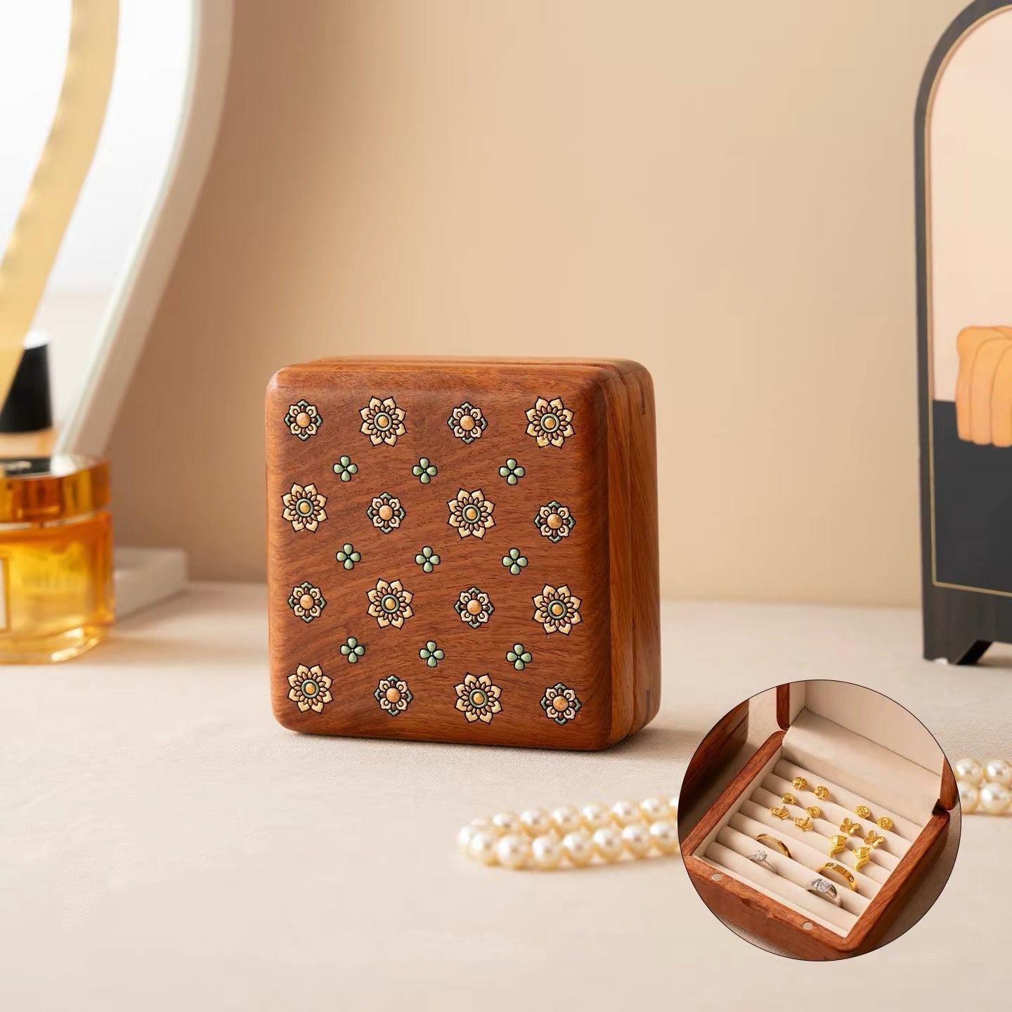 Celina Floral-Inlay Rosewood Jewelry Box