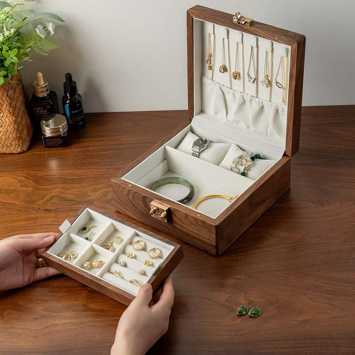 Talina Square Walnut Jewelry Box WIth Two-Layer