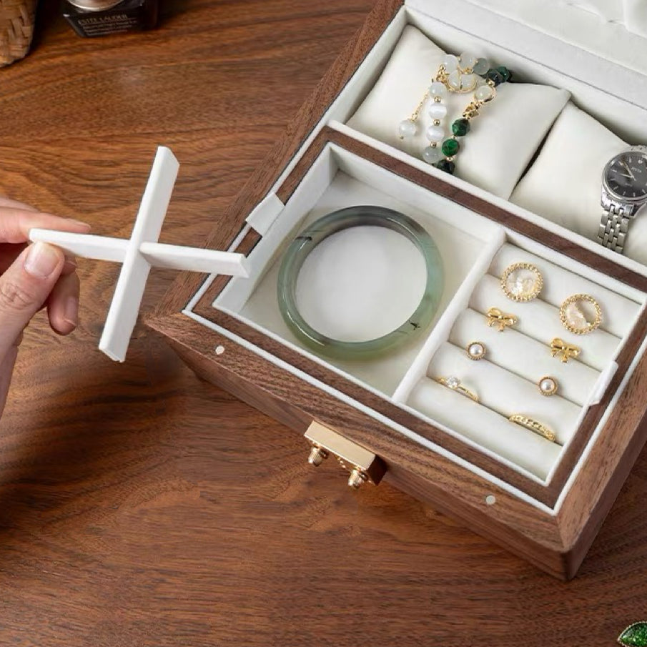 Talina Square Walnut Jewelry Box WIth Two-Layer