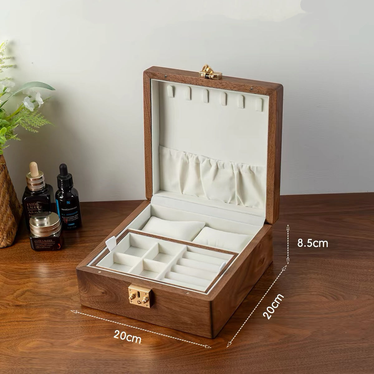 Talina Square Walnut Jewelry Box WIth Two-Layer
