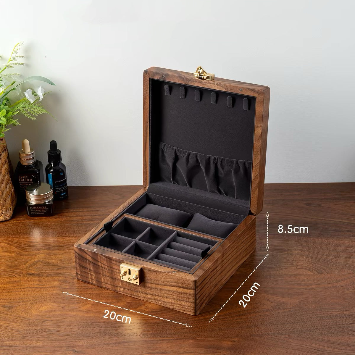 Talina Square Walnut Jewelry Box WIth Two-Layer