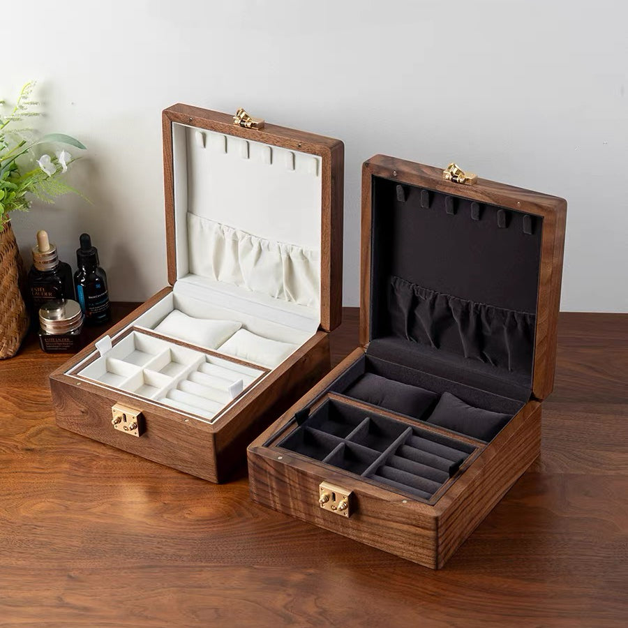 Talina Square Walnut Jewelry Box WIth Two-Layer