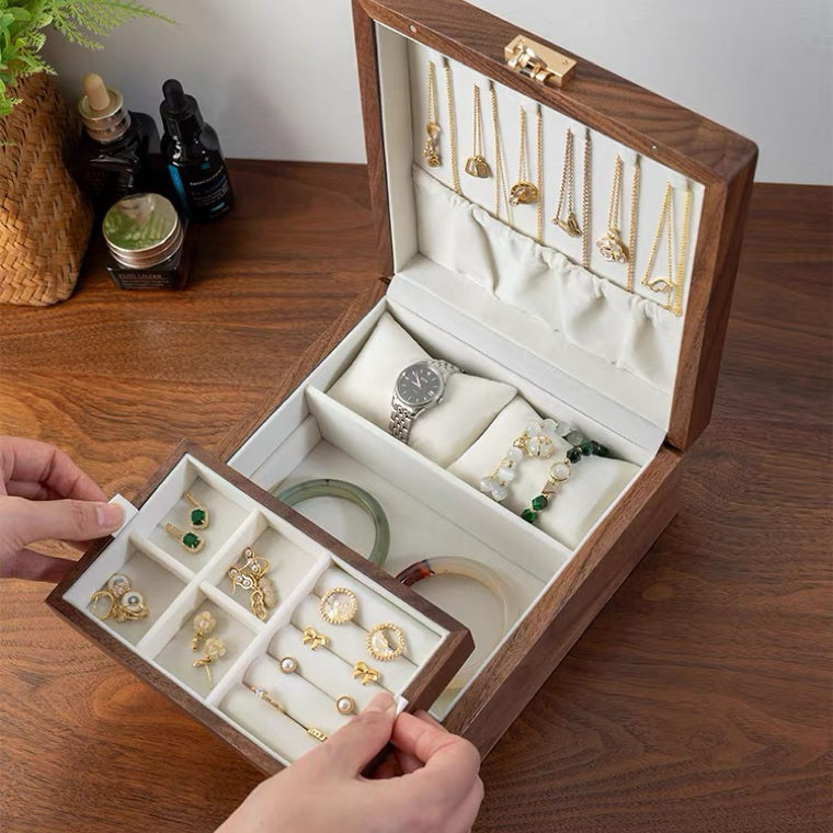 Talina Square Walnut Jewelry Box WIth Two-Layer