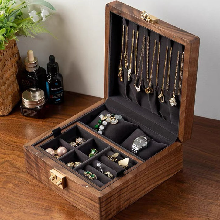 Talina Square Walnut Jewelry Box WIth Two-Layer
