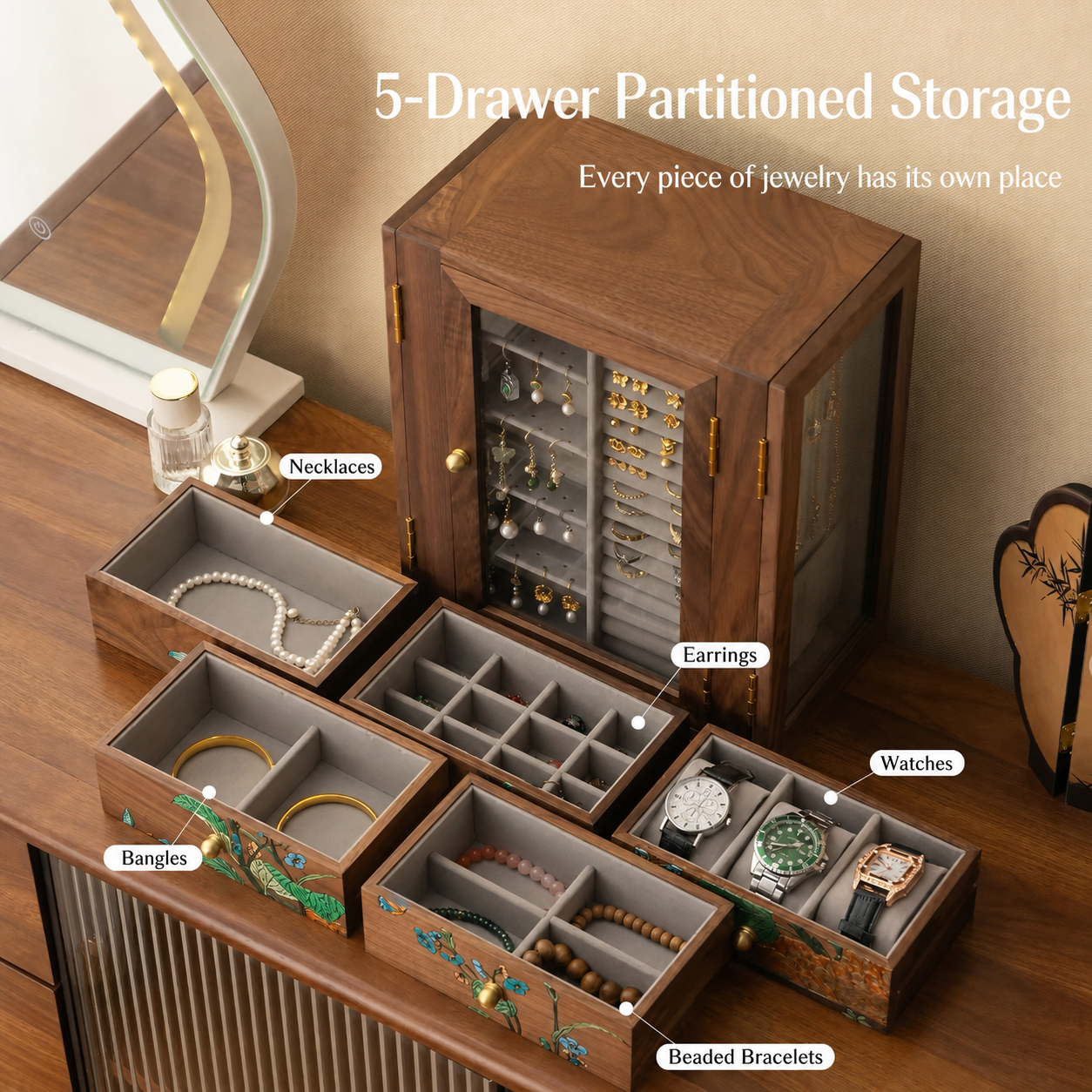 Roselyn 5-Drawer Hand-painted Walnut Jewelry Cabinet