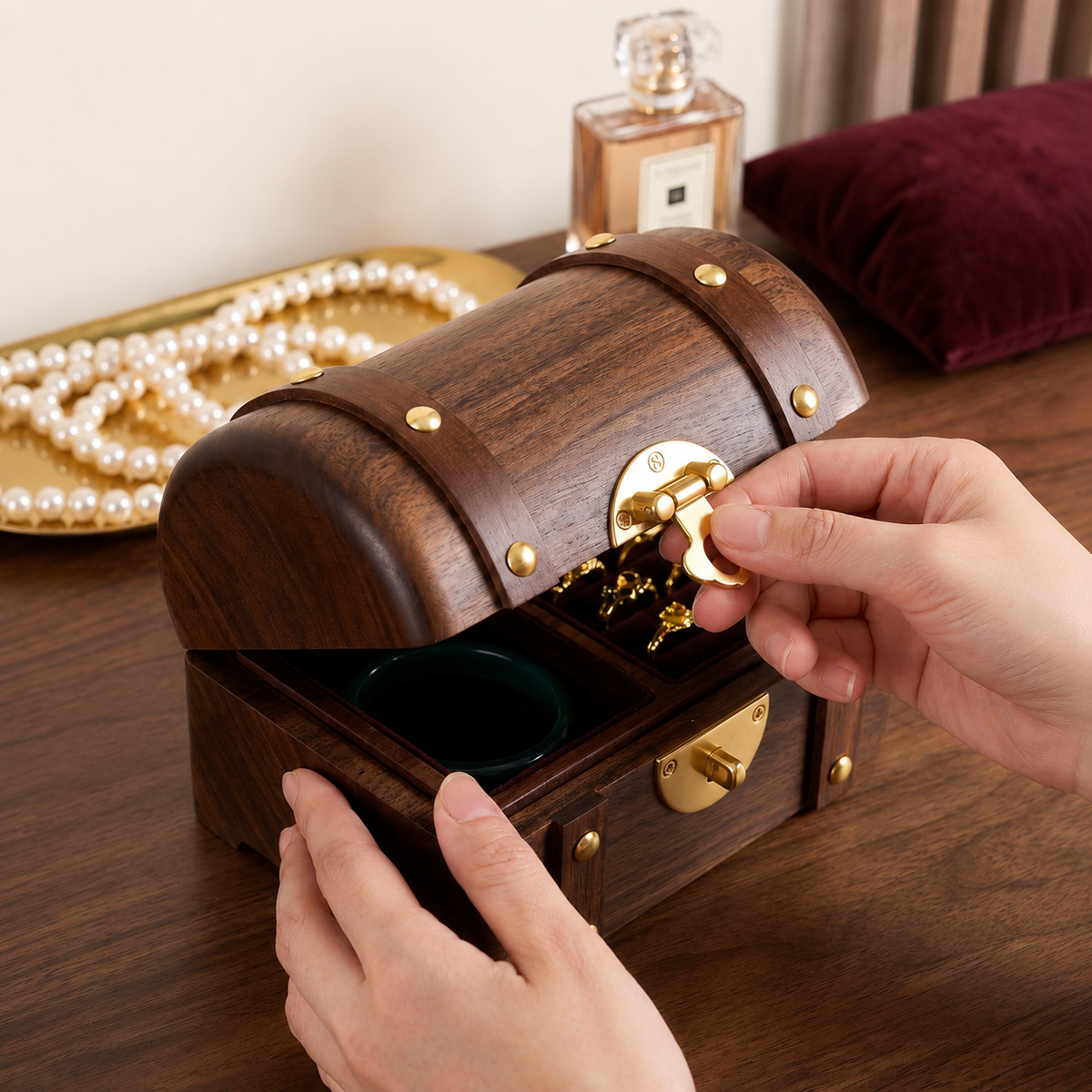 Odette Solid Walnut Treasure Chest Jewelry Box