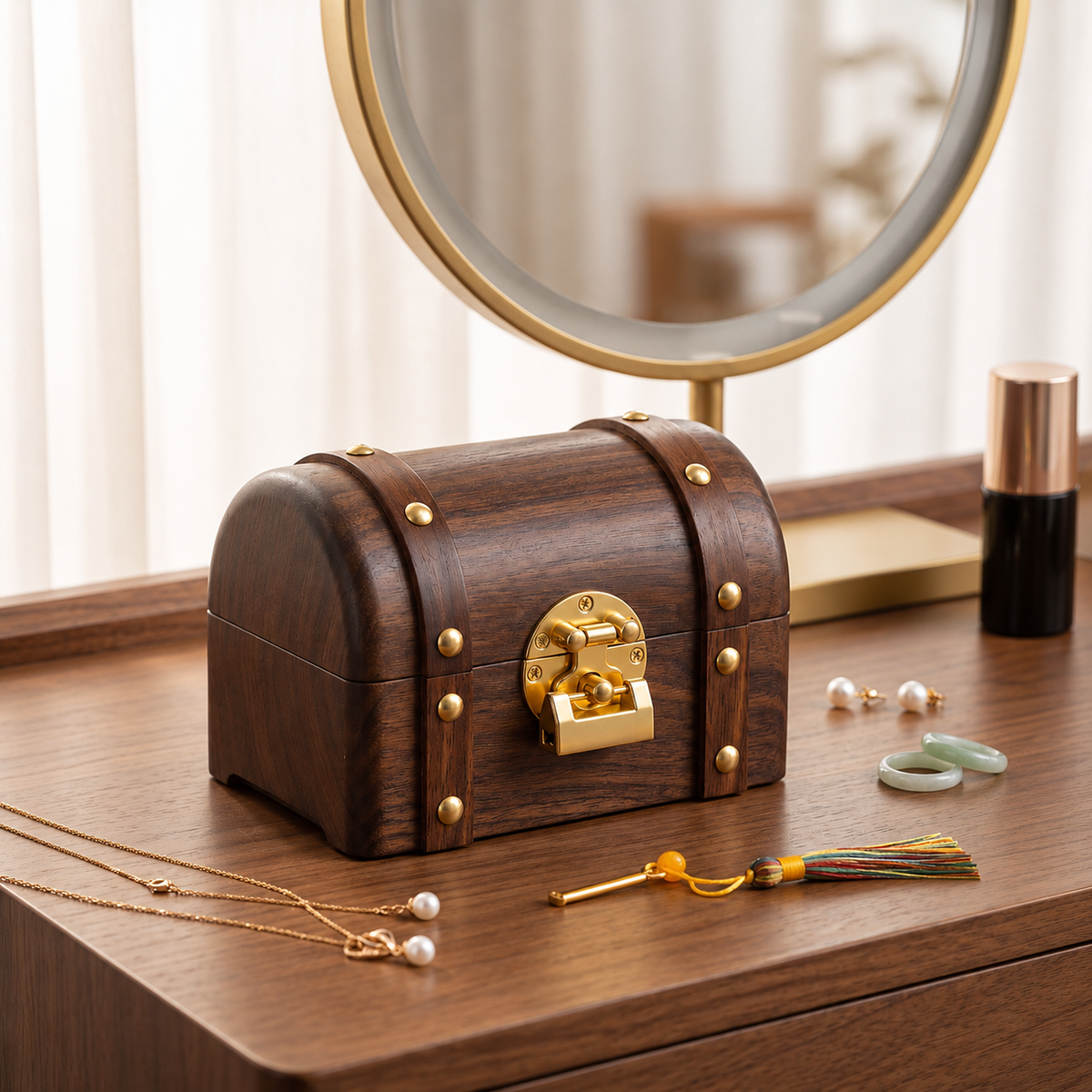 Odette Solid Walnut Treasure Chest Jewelry Box