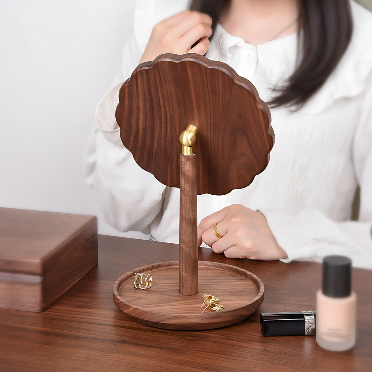Aurelia Solid Walnut Petal Tabletop Mirror