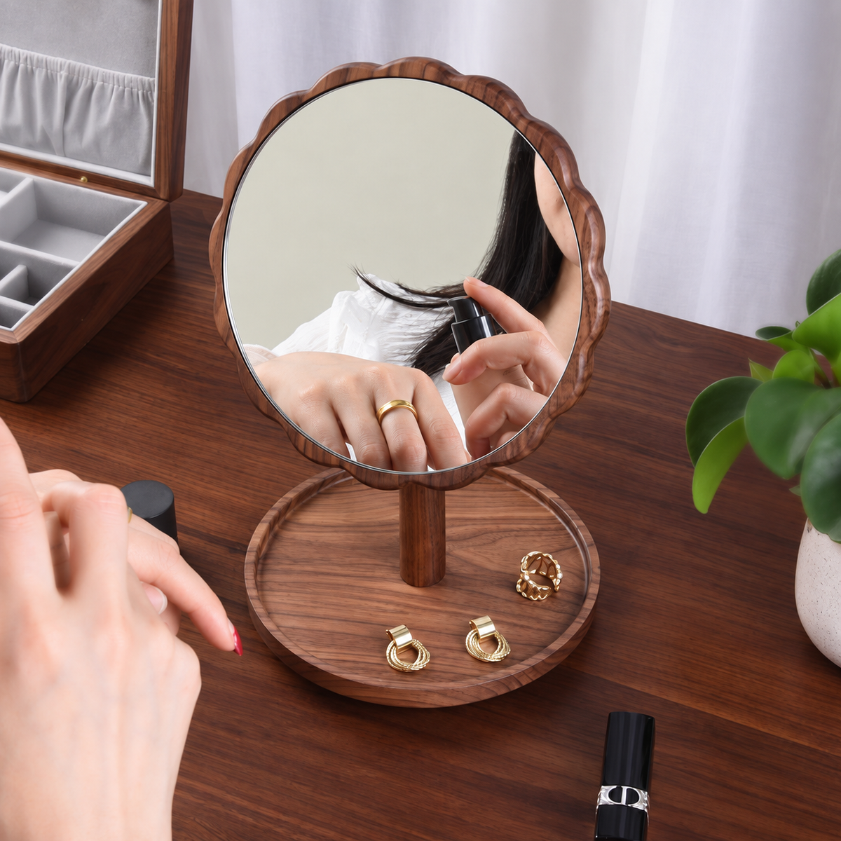 Aurelia Solid Walnut Petal Tabletop Mirror
