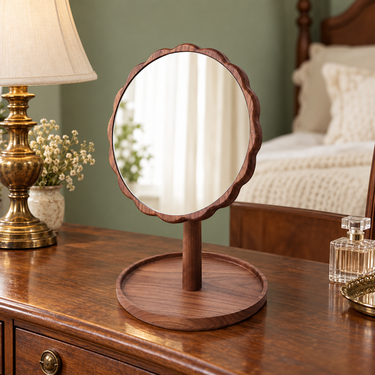 Aurelia Solid Walnut Petal Tabletop Mirror