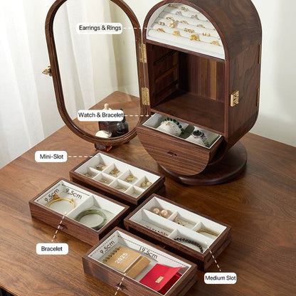 Elegant solid walnut jewelry cabinet with mirror top