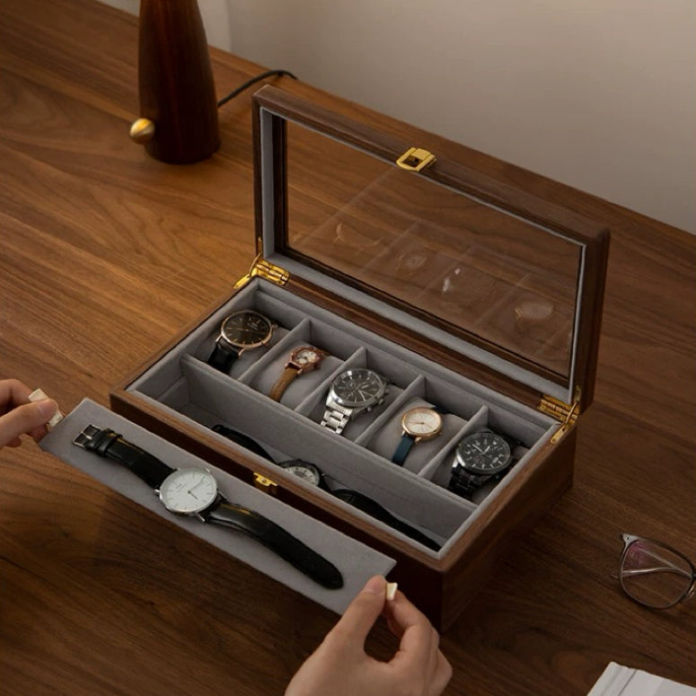Phillip Solid Walnut Watch Box with Glass Lid