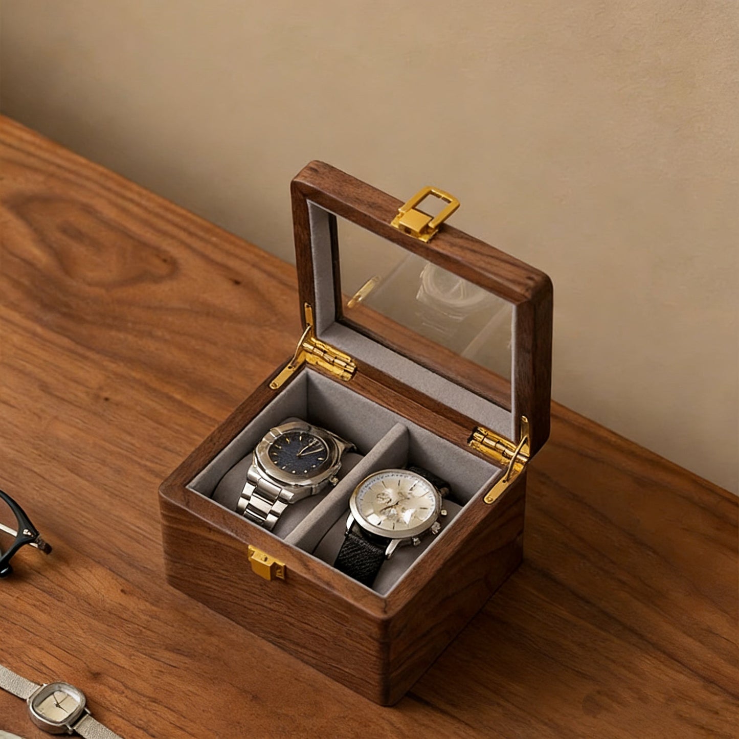 Phillip Solid Walnut Watch Box with Glass Lid