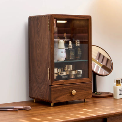 Anna Solid Walnut Skincare Storage Cabinet with Glass Door