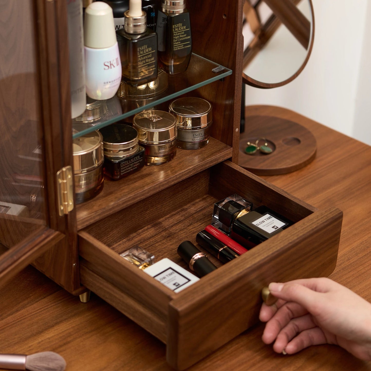 Anna Solid Walnut Skincare Storage Cabinet with Glass Door