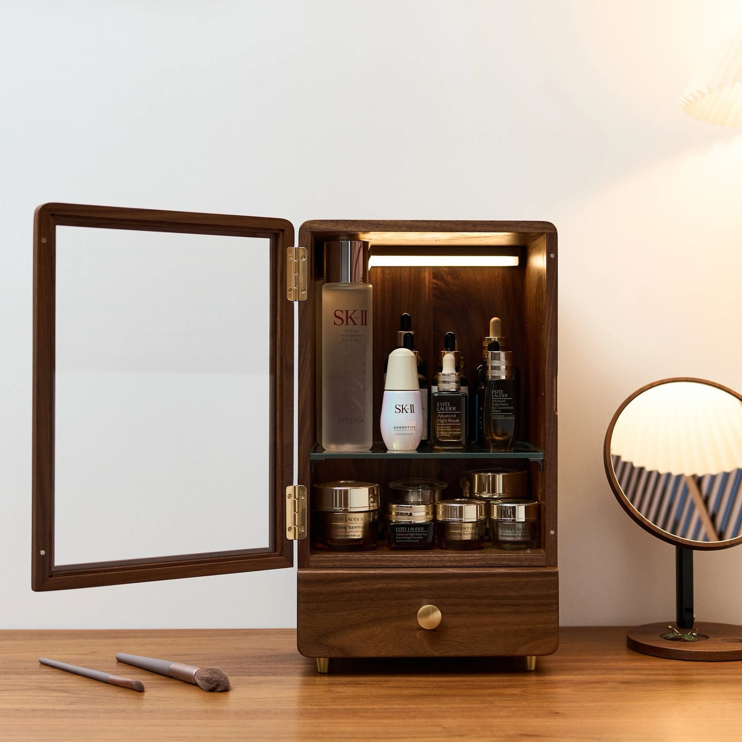 Anna Solid Walnut Skincare Storage Cabinet with Glass Door