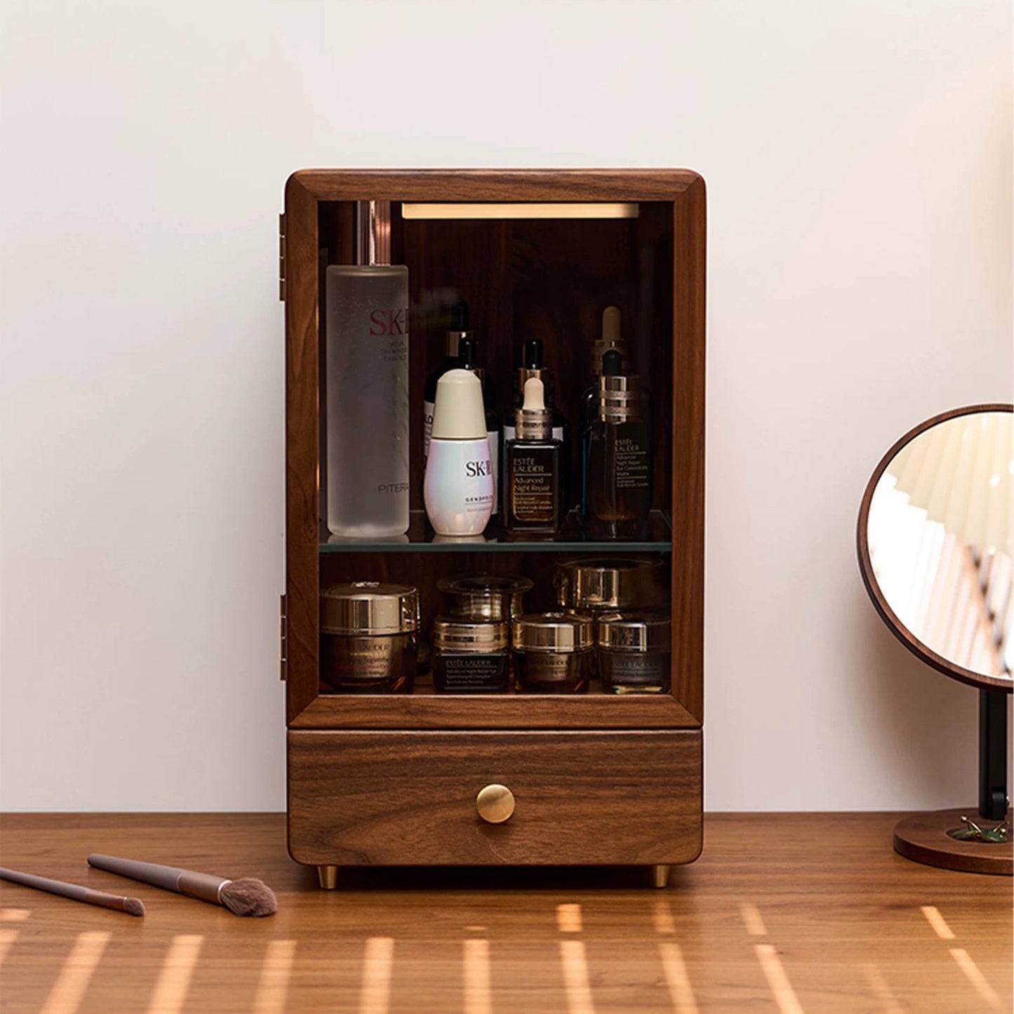 Anna Solid Walnut Skincare Storage Cabinet with Glass Door