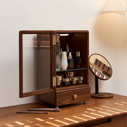 Anna Solid Walnut Skincare Storage Cabinet with Glass Door