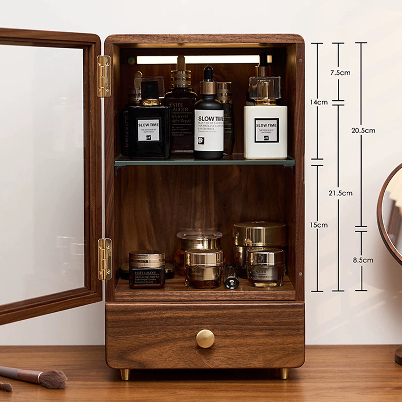 Anna Solid Walnut Skincare Storage Cabinet with Glass Door