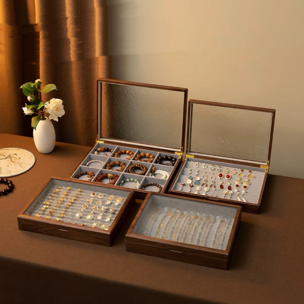 Stella Solid Walnut Jewelry Box with Textured Glass Lid