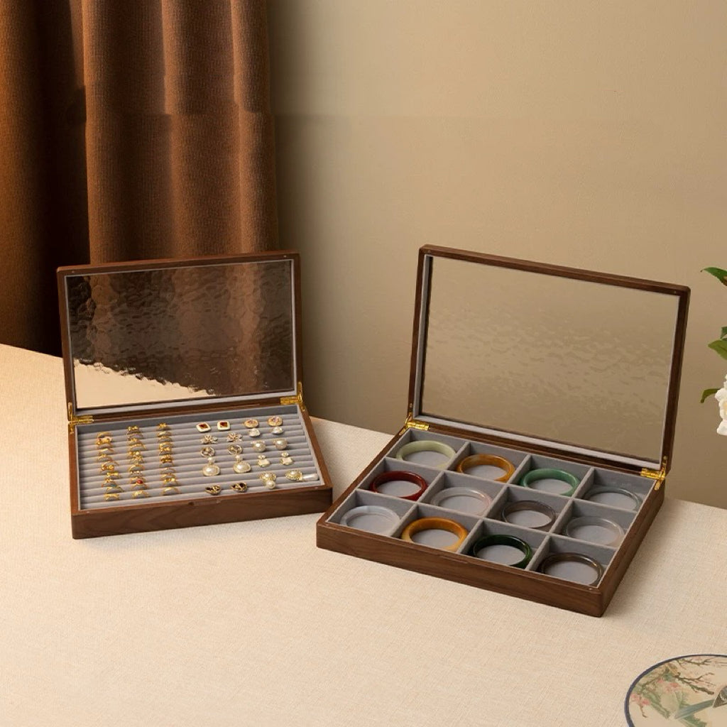 Stella Solid Walnut Jewelry Box with Textured Glass Lid