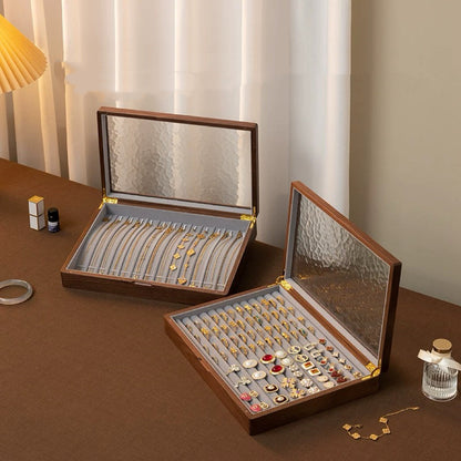 Stella Solid Walnut Jewelry Box with Textured Glass Lid