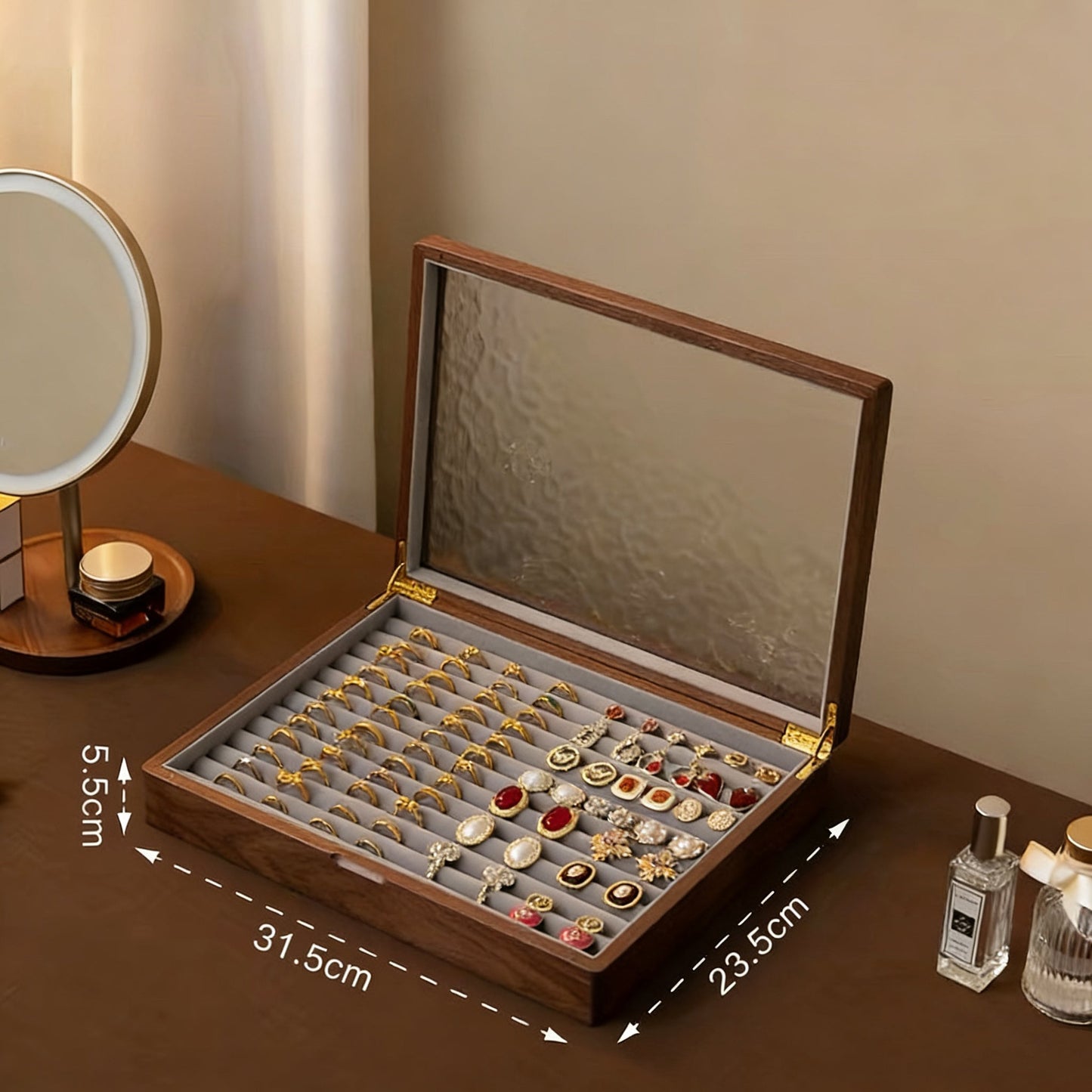 Stella Solid Walnut Jewelry Box with Textured Glass Lid