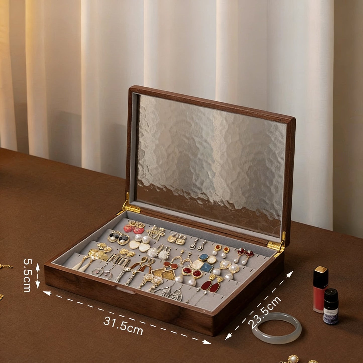 Stella Solid Walnut Jewelry Box with Textured Glass Lid