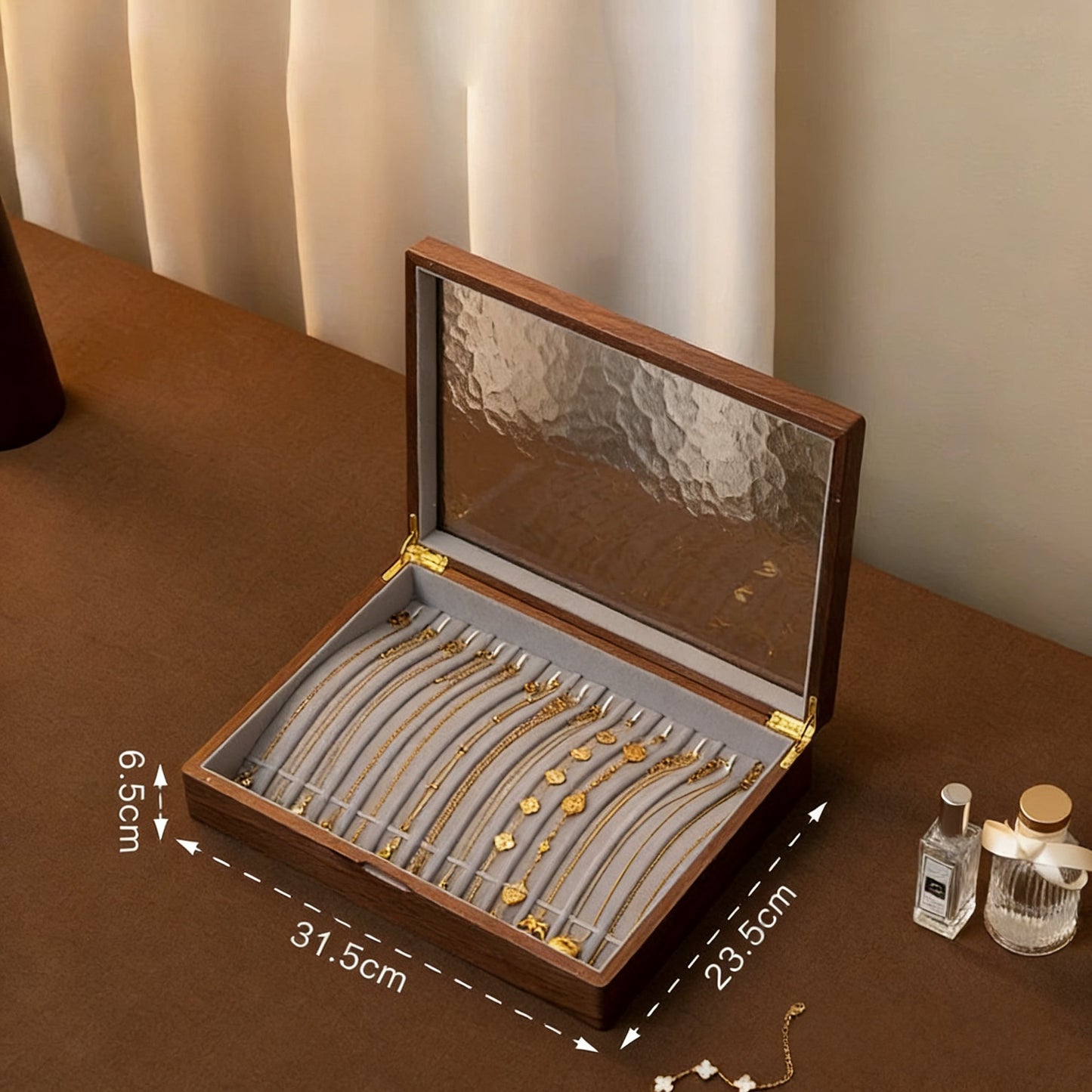 Stella Solid Walnut Jewelry Box with Textured Glass Lid