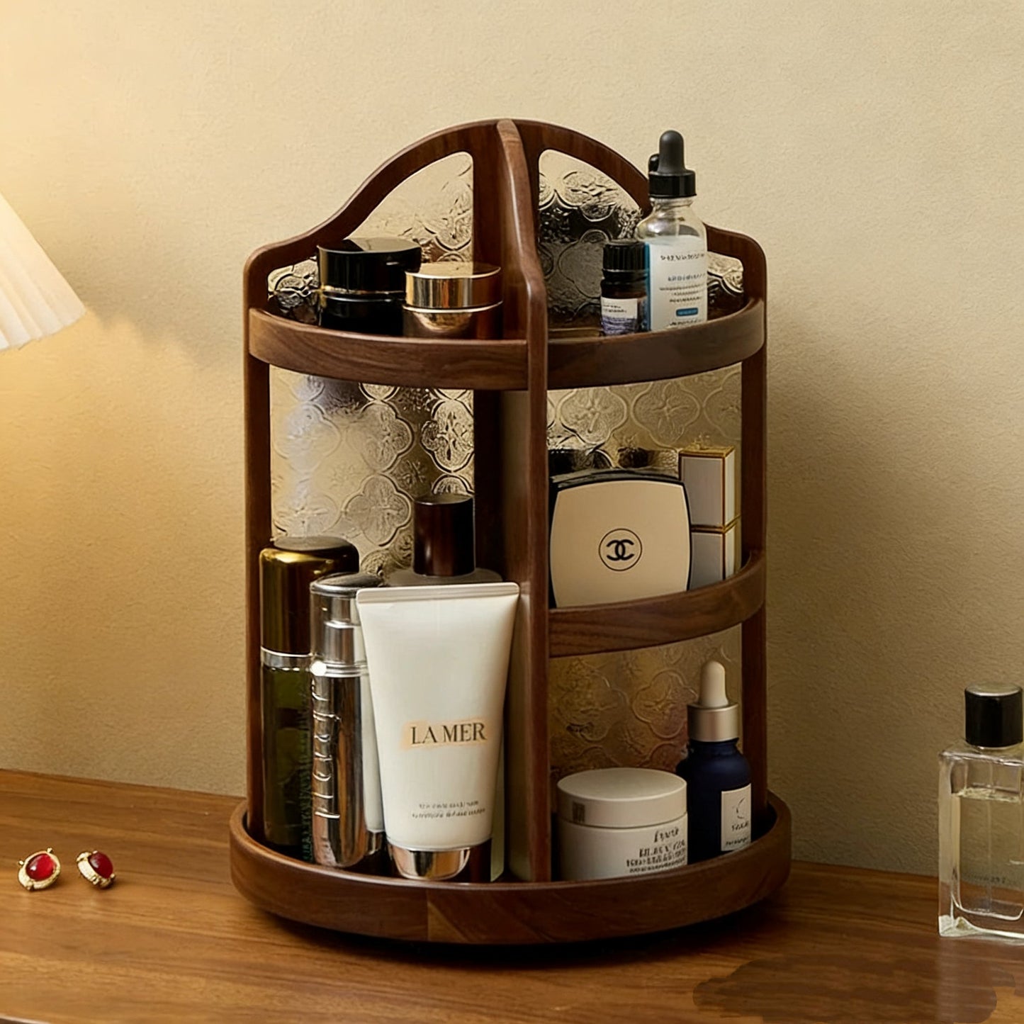 Charlotte Solid Walnut Rotating Makeup Storage Organizer