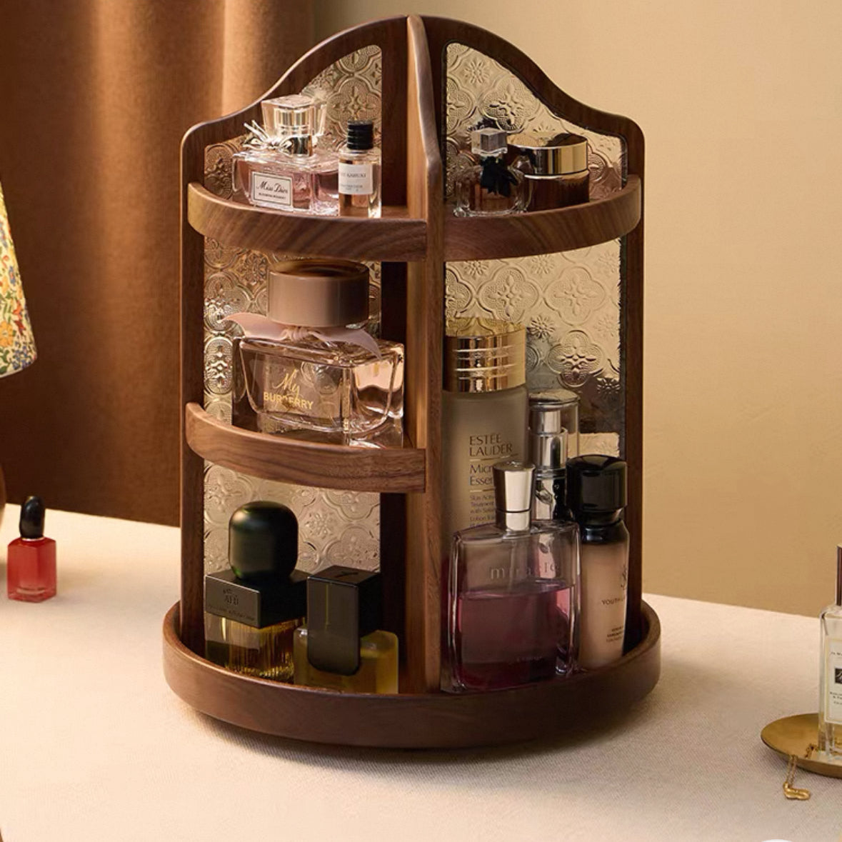 Charlotte Solid Walnut Rotating Makeup Storage Organizer