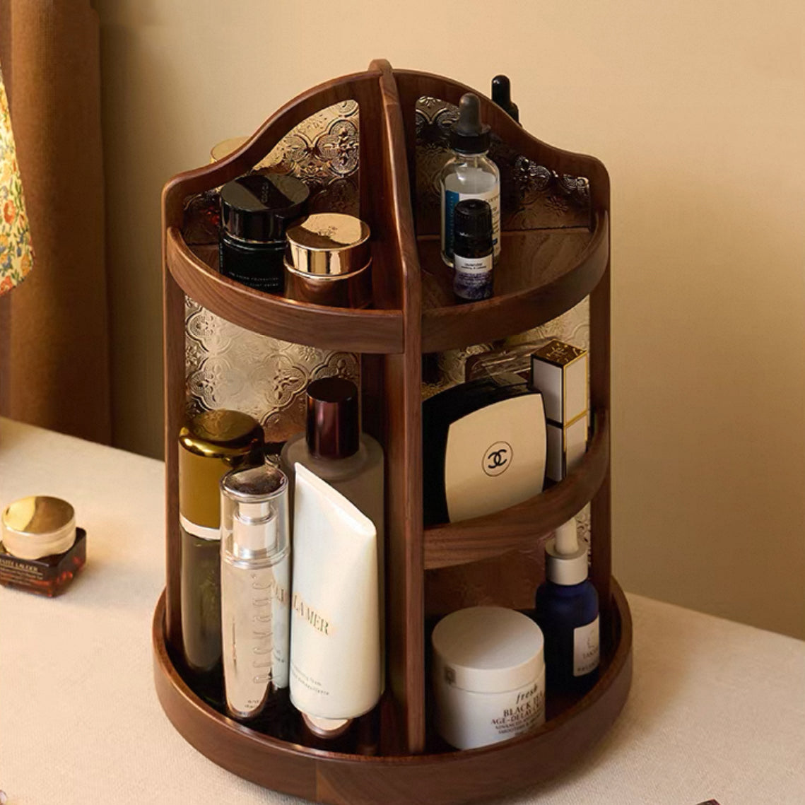 Charlotte Solid Walnut Rotating Makeup Storage Organizer