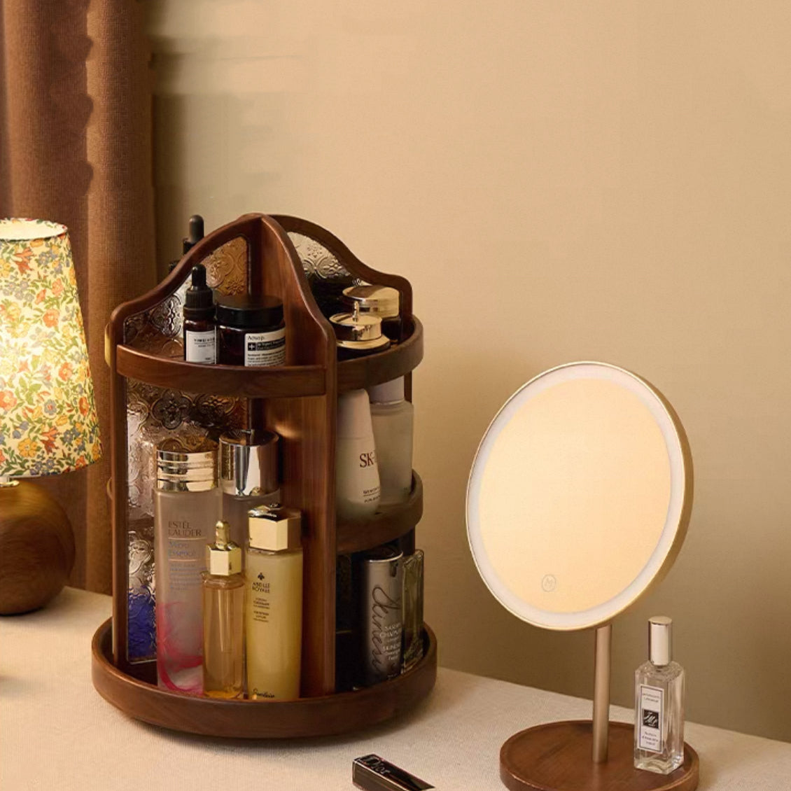 Charlotte Solid Walnut Rotating Makeup Storage Organizer