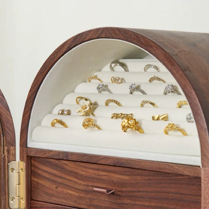 Walnut jewelry organizer cabinet with mirrored lid
