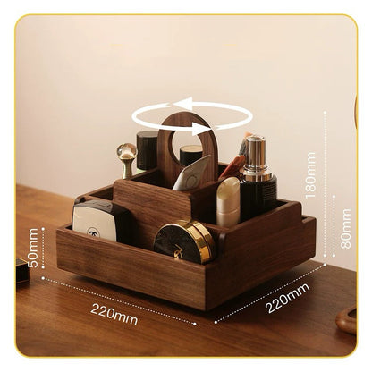 Wooden rotating makeup storage organizer in black walnut