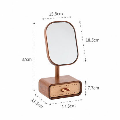 Iris Solid Walnut Rotating Tabletop Mirror with Drawer