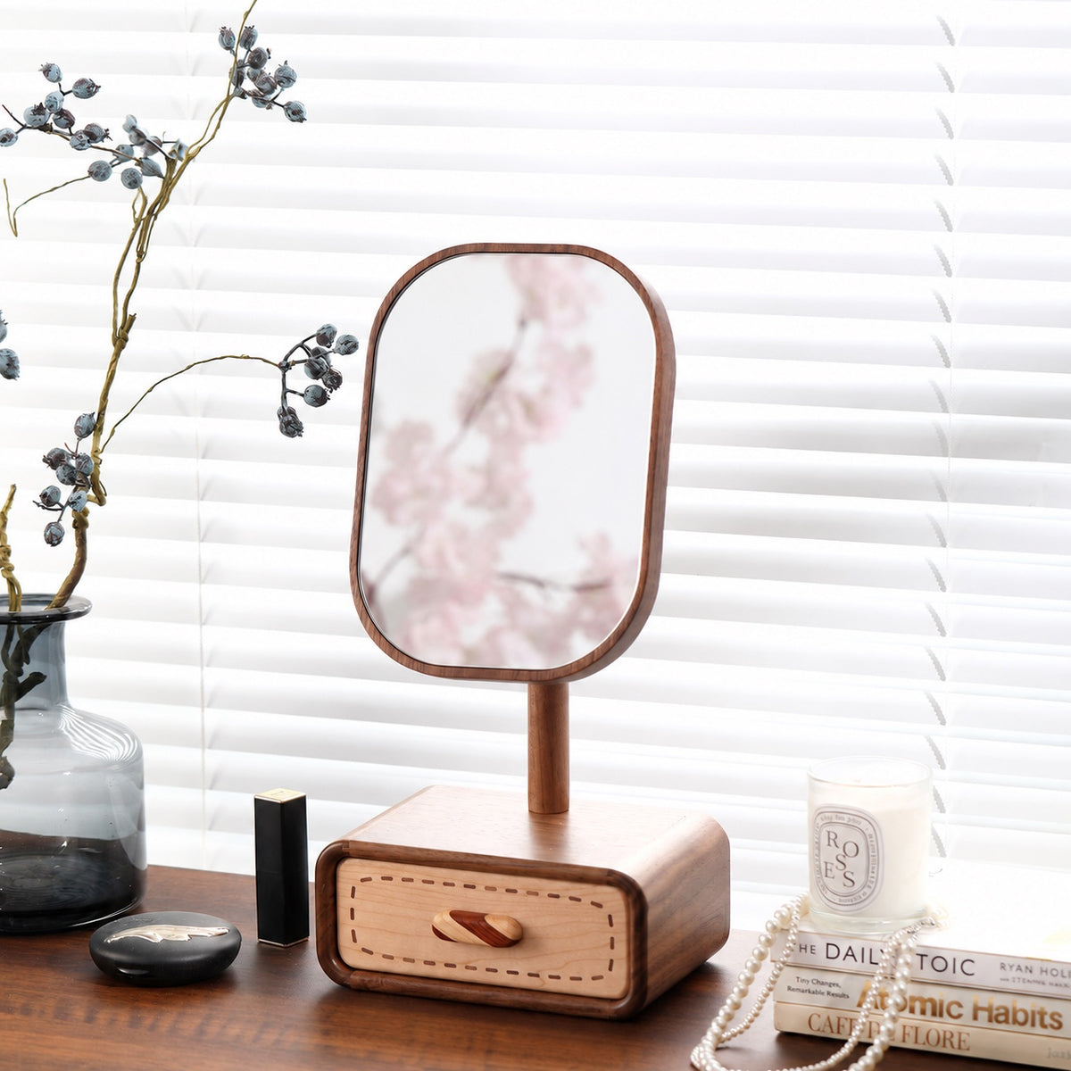 Iris Solid Walnut Rotating Tabletop Mirror with Drawer