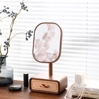 Iris Solid Walnut Rotating Tabletop Mirror with Drawer