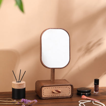 Iris Solid Walnut Rotating Tabletop Mirror with Drawer