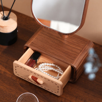 Iris Solid Walnut Rotating Tabletop Mirror with Drawer